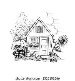 
Garden house. Summer house with bushes, fence, watering can and sunflower. Vector illustration. Monochrome sketch.