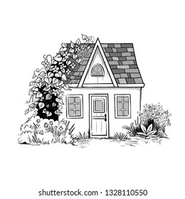 
Garden house. Summer house, dense foliage, rose bush and flower bed.Vector illustration. Monochrome sketch.