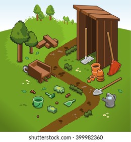 Garden hut with gardener's equipment like rake, shovel, watering can, gloves, bucket and handbarrow (isometric illustration)