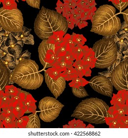 Garden hydrangea flowers. Vector. Seamless floral pattern. Illustration - luxury packaging design template, textile, paper, wallpaper. Print with gold foil and red on a black background.