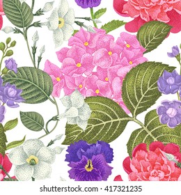 Garden hydrangea flowers, violet, bindweed, gillyflower on a black background. Vector. Seamless floral pattern. Illustration - luxury packaging design template, textile, paper, wallpaper.