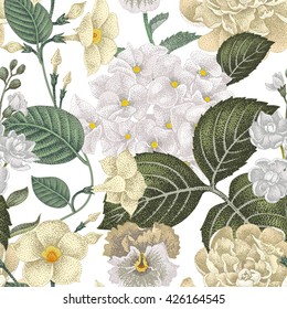 Garden hydrangea flowers, violet, bindweed, gillyflower on white background. Vector. Seamless floral pattern. Illustration - luxury packaging design template, textile, paper, wallpaper.