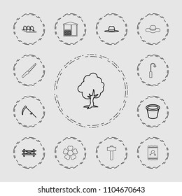 Garden icon. collection of 13 garden outline icons such as fence, scythe, pot for plants, hat, tree, flower, street lamp, gazebo. editable garden icons for web and mobile.