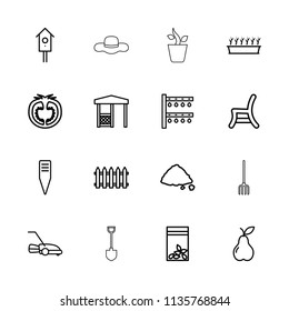Garden icon. collection of 16 garden outline icons such as fence, gardening tool, irrigation system, plant in pot, pear. editable garden icons for web and mobile.