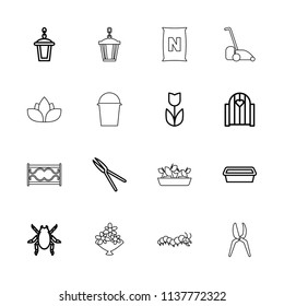 Garden icon. collection of 16 garden outline icons such as beetle, flower, gate, pot for plants, street lamp, bucket, plant in pot. editable garden icons for web and mobile.