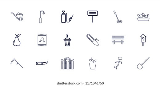 Garden icon. collection of 18 garden outline icons such as gardening knife, gardening tool, pear, street lamp, nesting house. editable garden icons for web and mobile.