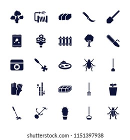 Garden icon. collection of 25 garden filled icons such as garden bench, beetle, glove, shovel, water hose, plant in pot, tree, fence. editable garden icons for web and mobile.