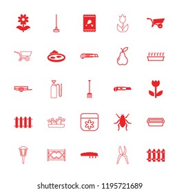 Garden icon. collection of 25 garden filled and outline icons such as wheel barrow, beetle, pitchfork, cutter, flower, fence, pond. editable garden icons for web and mobile.