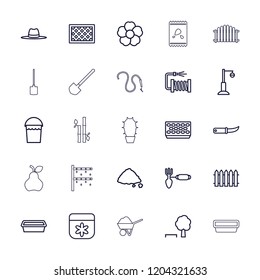 Garden icon. collection of 25 garden outline icons such as flower, bucket, tree and bench, gardening tool, gardening knife. editable garden icons for web and mobile.