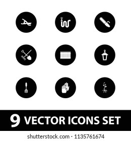 Garden icon. collection of 9 garden filled icons such as pitchfork, water hose, street lamp, fence, shovel and rake, glove. editable garden icons for web and mobile.