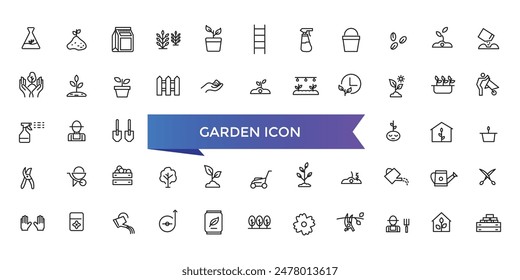 Garden icon collection. Related to plant, flowers, trees, watering can, fence, cultivate and gardening icons. Line icon collection.