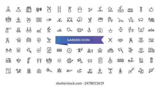 Garden icon collection. Related to plant, flowers, trees, watering can, fence, cultivate and gardening icons. Line icon collection.