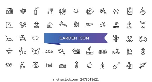 Garden icon collection. Related to plant, flowers, trees, watering can, fence, cultivate and gardening icons. Line icon collection.