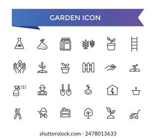 Garden icon collection. Related to plant, flowers, trees, watering can, fence, cultivate and gardening icons. Line icon collection.