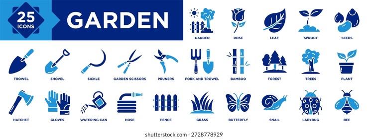 Sammlung von Gartensymbolen. Enthaltend Blatt, Sprout, Samen, Rose, Bambus, Schlüpfer, Pflücker, Schaufel, Kelle, Gartenschere Symbol