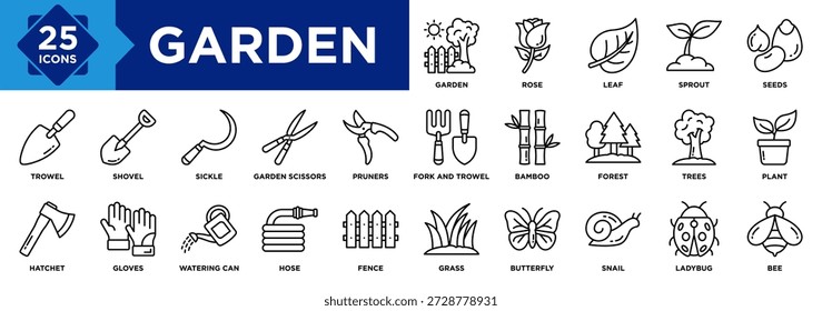 Sammlung von Gartensymbolen. Enthaltend Blatt, Sprout, Samen, Rose, Bambus, Schlüpfer, Pflücker, Schaufel, Kelle, Gartenschere Symbol