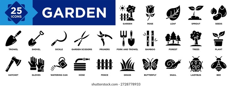 Sammlung von Gartensymbolen. Enthaltend Blatt, Sprout, Samen, Rose, Bambus, Schlüpfer, Pflücker, Schaufel, Kelle, Gartenschere Symbol