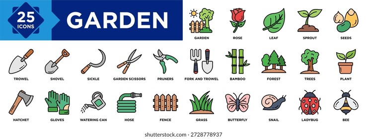 Conjunto de colección de icono de jardín. Contiene hojas, brotes, semillas, rosa, bambú, hacha, podadoras, pala, paleta, icono de tijeras de jardín