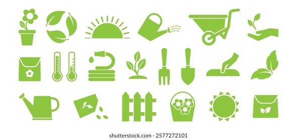 Garden icon, green silhouettes isolated on white background. Shovel, seed, pot,wheelbarrow, water, shears, tree, hose, soil, flower, plant, house gardening. Farm organic set. Vector illustration