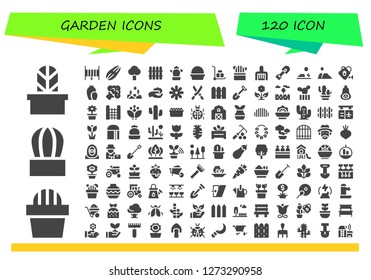  garden icon set. 120 filled garden icons. Simple modern icons about  - Cactus, Hose, Seed, Tree, Fence, Plant, Wheelbarrow, Rake, Shovel, Desert, Watering can, Broccoli, Forest