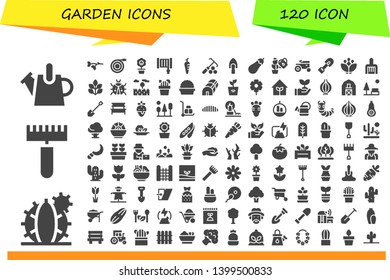 garden icon set. 120 filled garden icons.  Simple modern icons about  - Watering can, Cactus, Rake, Branch, Hose, Flower, Carrot, Shovel, Eggplant, Plant, Tractor, Blossom, Spinach