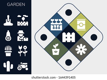 garden icon set. 13 filled garden icons.  Simple modern icons such as: Fence, Cactus, Tractor, Flower, Butternut squash, Farmer, Shovel, Prairie, Tomato, Farming, Plant