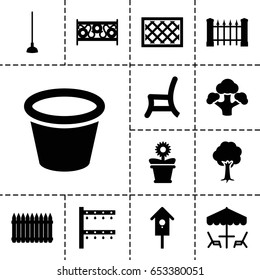 Garden icon. set of 13 filled gardenicons such as fence, hoe, irrigation system, pot for plants, flower pot, tree, outdoor chair, nesting house, broccoli