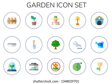 garden icon set. 15 flat garden icons.  Simple modern icons about  - fence, sand, plant, shovel, gardener, tree, land, dog house, watering can, terrarium, no picking flowers, hose