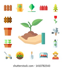 garden icon set. 17 flat garden icons.  Collection Of - fence, flower pot, sprout, plants, rose, vane, pesticide, mower, tree house, tulips, tree, shovel, fences, bench, farmer