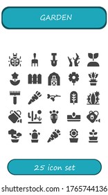 garden icon set. 25 filled garden icons.  Simple modern icons such as: Ladybug, Rake, Shovel, Branches, Growing plant, Flower, Fence, Barn, Carrot, Branch, Tree, Cactus, Watering can