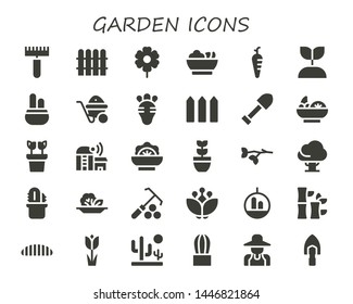 garden icon set. 30 filled garden icons.  Simple modern icons about  - Rake, Fence, Flower, Salad, Carrot, Growing plant, Cactus, Wheelbarrow, Radish, Shovel, Plant, Farm, Branch