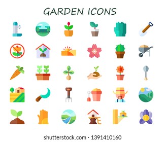 garden icon set. 30 flat garden icons.  Collection Of - fountain, trees, plant, gloves, shovel, no picking flowers, indoor plants, desert, cherry blossom, cactus, wheelbarrow