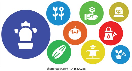 garden icon set. 9 filled garden icons.  Collection Of - Cactus, Flower, Seed, Scarecrow, Tomato, Watering can, Plant, Tree