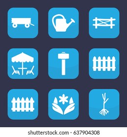 Garden icon. set of 9 filled garden icons such as fence, barrow, flower, garden hammer, watering can, sprout