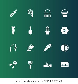 garden icon set. Collection of 16 filled garden icons included Bench, Desert, Rake, Pruning shears, Tomato, Carrot, Tulip, Flower, Cactus, Shovel, Bucket, Hose, Shears
