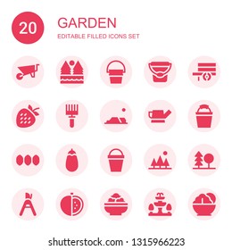 garden icon set. Collection of 20 filled garden icons included Wheelbarrow, Forest, Bucket, Strawberry, Rake, Desert, Watering can, Seeds, Eggplant, Tree, Pruning shears, Tomato