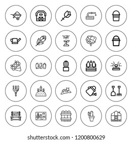 Garden icon set. collection of 25 outline garden icons with barn, bench, bucket, cactus, caterpillar, fence, forest, greenhouse, flower, hose icons. editable icons.