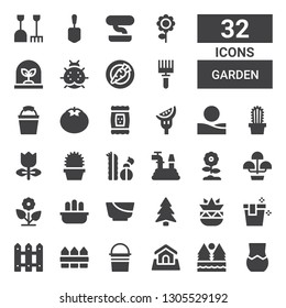 garden icon set. Collection of 32 filled garden icons included Vase, Forest, Land, Bucket, Fence, Botanical, Pine, Salad, Cactus, Flower, Flower pot, Hose, Tulip, Desert, Tomato