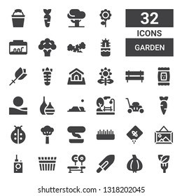 garden icon set. Collection of 32 filled garden icons included Salad, Garlic, Shovel, Bench, Bucket, Bug detector, Landscape, Seed, Grass, Bonsai, Tree, Ladybird, Carrot, Lawn mower