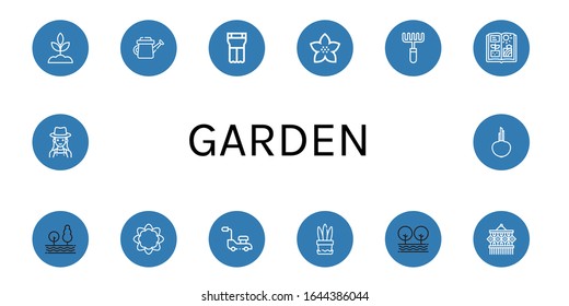 garden icon set. Collection of Sprout, Watering can, Planter, Flower, Rake, Agriculture, Tree, Cauliflower, Lawn mower, Plant, Macrame, Gardener, Onion icons