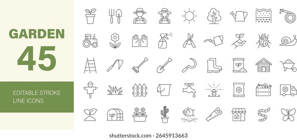 Garden icon set. Containing agriculture, garden tools, gardening, Homi (Korean hand plow), fence, cultivate, sowing, wheelbarrow, shovel, tractor and more. Editable line icons. Vector illustration.