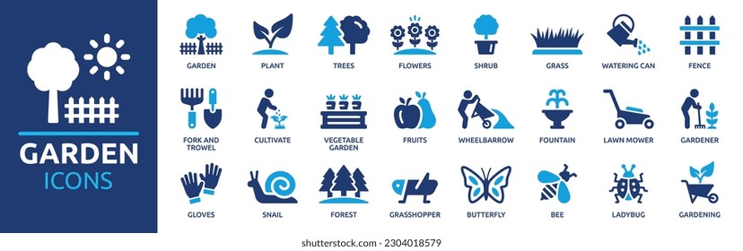 Garden icon set. Containing plant, flowers, trees, watering can, fence, cultivate and gardening icons. Solid icon collection. Vector illustration.