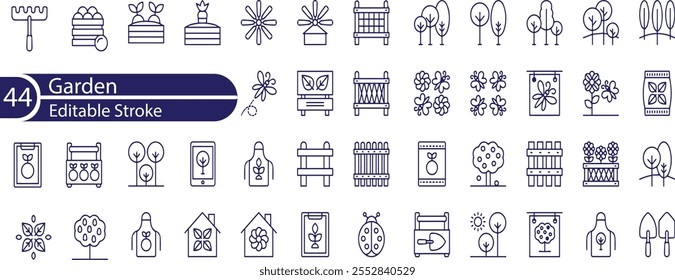 Garden icon set. Containing plant, flowers, trees, watering can, fence, cultivate and gardening icons