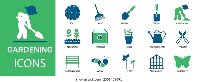 Garden icon set. Containing plant, flowers, trees, watering can, fence, cultivate and gardening icons. Solid icon collection. Vector illustration.