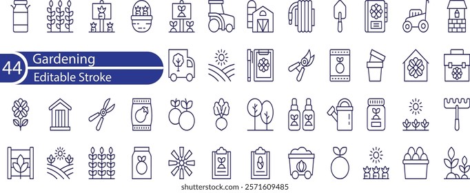 Garden icon set. Containing plant, flowers, trees, watering can, fence, cultivate and gardening icons. Solid icon collection