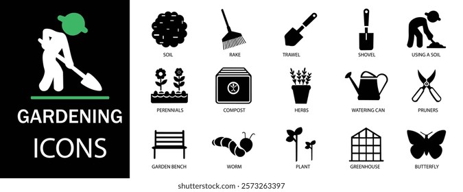 Garden icon set. Containing plant, flowers, trees, watering can, fence, cultivate and gardening icons. Solid icon collection. Vector illustration.