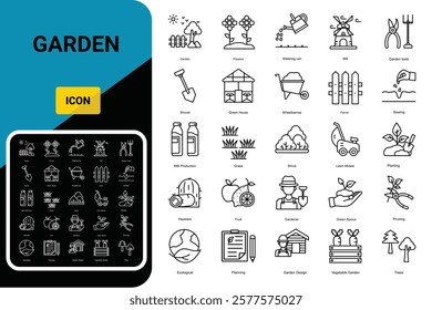 Garden icon set. Containing plant, flowers, trees, watering can, fence, cultivate and gardening icons. Solid icon collection. Vector illustration.