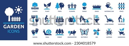 Garden icon set. Containing plant, flowers, trees, watering can, fence, cultivate and gardening icons. Solid icon collection. Vector illustration.