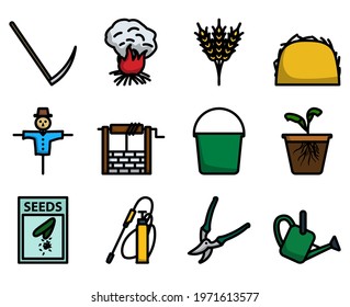 Juego de iconos de jardín. Contorno de negrita editable con diseño de relleno de color. Ilustración vectorial.