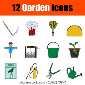 Gartensymbol-Set. Flaches Rahmendesign mit bearbeitbarem Strich. Vektorgrafik.